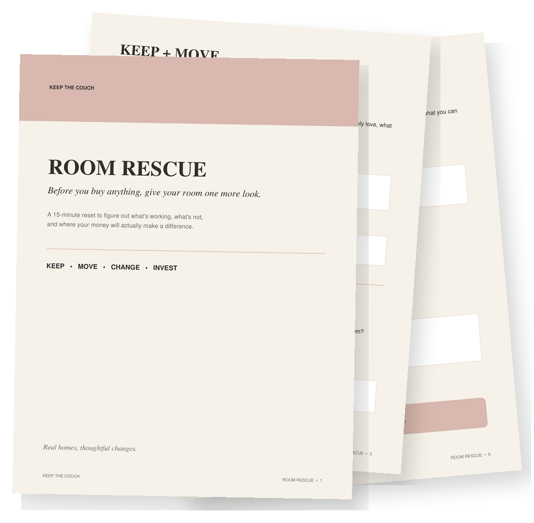 Room Rescue guide featuring the Keep, Move, Change, Invest framework